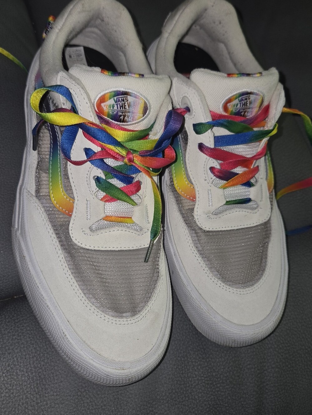 Vans Mens White Sneakers with Rainbow Laces and Side Stripe